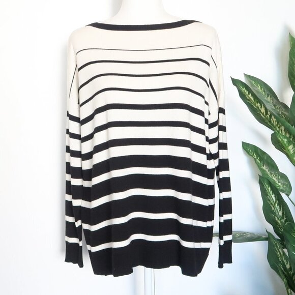 Ralph Lauren Black White Striped Knit Boat Neck Long Sleeve Sweater Pullover S - Picture 1 of 7
